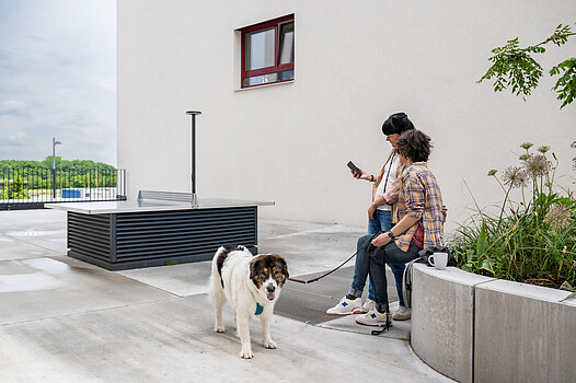 Eine stehende und eine sitzende Frau im Gespräch vor dem Gewerbehof Seestadt. Die stehende Frau zeigt etwas auf ihrem Handy. Neben der sitzenden Frau steht ein Hund