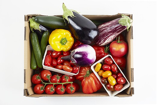Gemüsemix aus Tomaten, Paprika, Gurken und vieles mehr von blün in einem Karton.