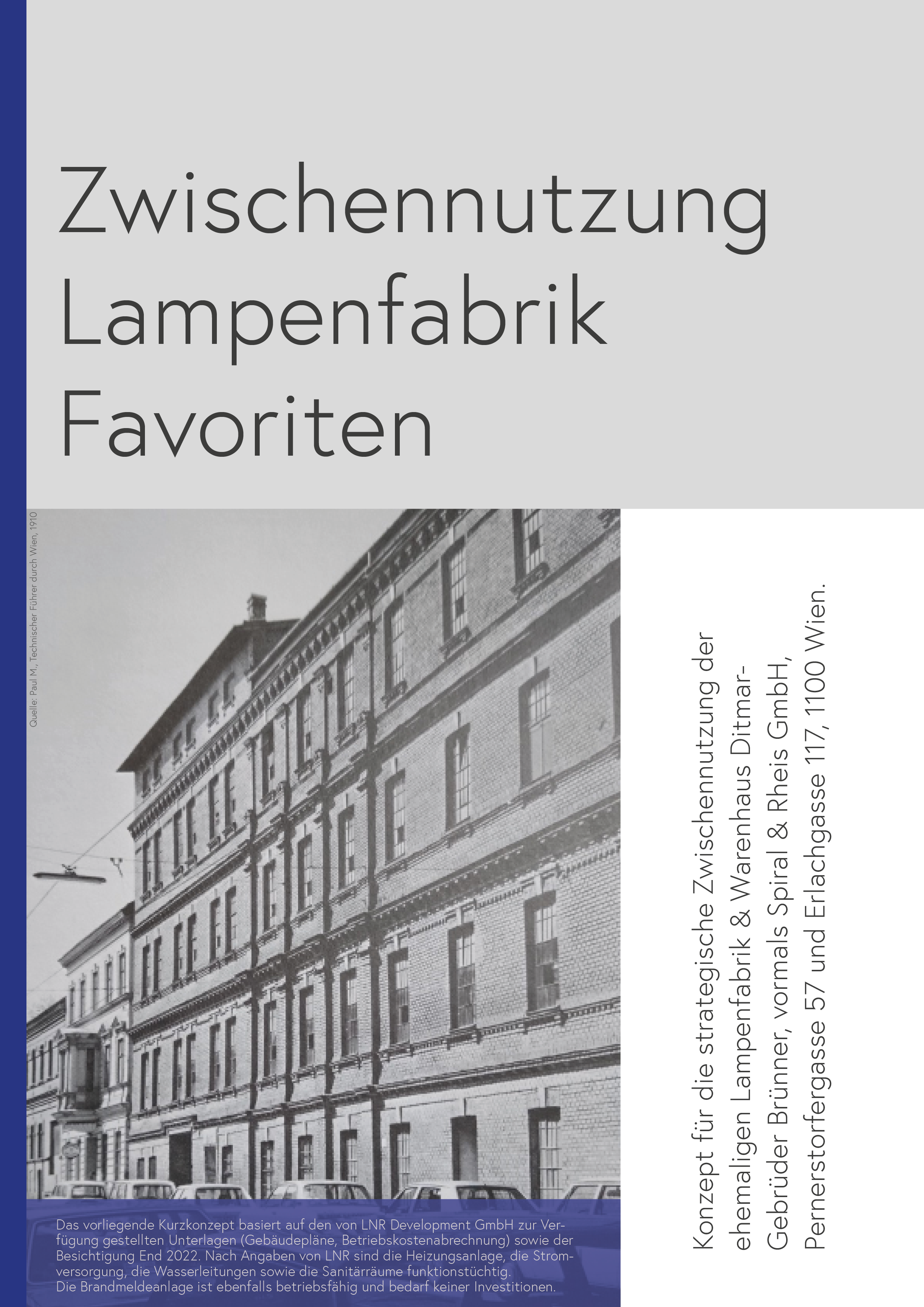 GAD con Zwischennutzung Lampenfabrik Favoriten: Das Cover des Konzepts mit historischem Foto der Lampenfabrik